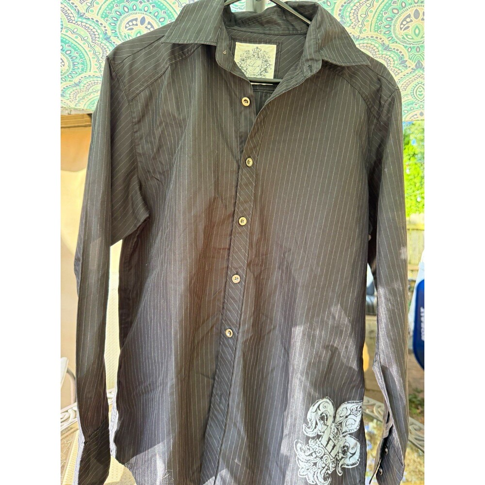 Level Ten Men’s M Shirt Fleur de Lis Graphic Pinstripe Button Up Y2K Western